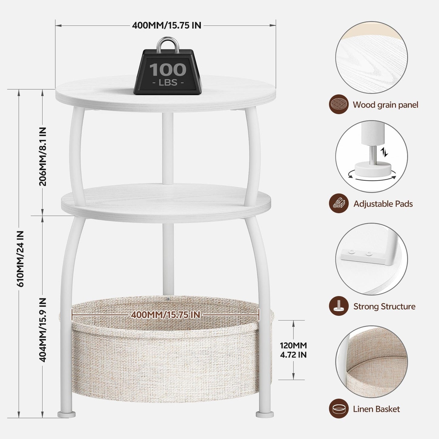 Yuede Side Table with Fabric Basket, Round End Table, 3 Tier Bedside Table, Coffee Table for Living Room, Bed Room, Modern, 40 x 61 cm, White