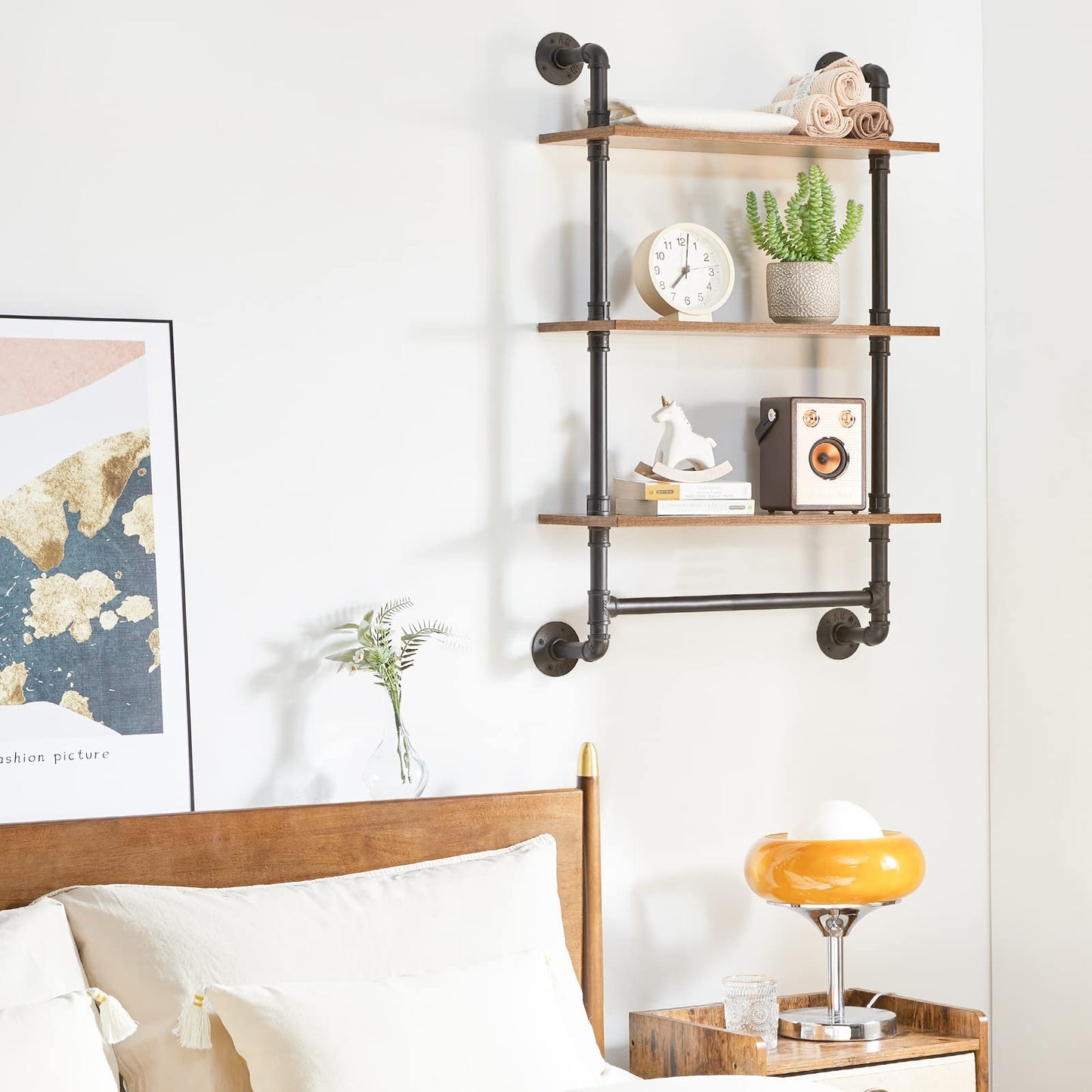 YMYNY 3-Tier Industrial Pipe Wall Mount Shelves, Rustic Storage Shelves, Floating Shelves, Wall Mount Bookshelf, Kitchen Spice Rack, for Bedroom,