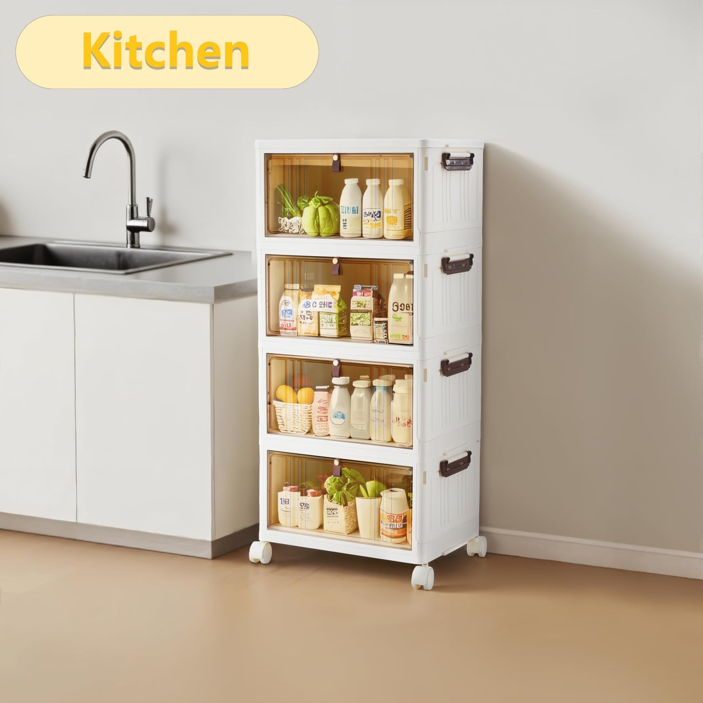 BARGAIN FACTORY 4-Tier Stackable Storage Boxes with Lids - Folding Plastic Storage Bins Unit on Wheels with Brakes