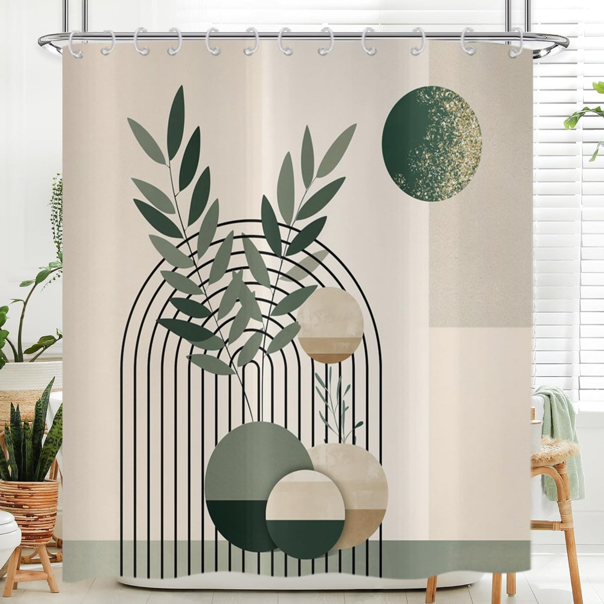 Hnmdmyi Boho Shower Curtain 180x200, Mid Century Abstract Green Leaves Arch Sun Modern Geometric Minimalist Aesthetic Art Bathroom Shower Curtains
