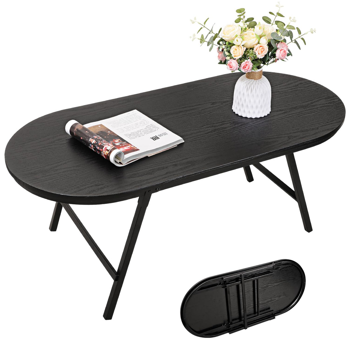 FEUFOAM Black Small Coffee Table Wooden Oval Folding Low Coffee Tables with Metal Legs Portable Floor Table Desk for Living Room Small Spaces