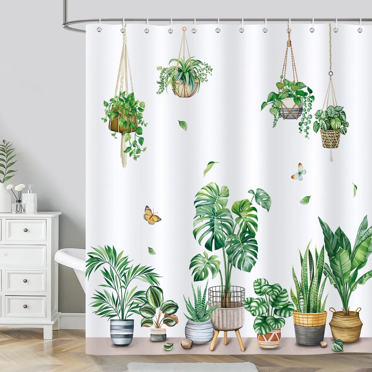 Bonhause Green Potted Plant Shower Curtain Hanging Tropical Plants Leaves Bathroom Curtain 180 x 180 cm Waterproof Mildew & Mould Resistant Polyester