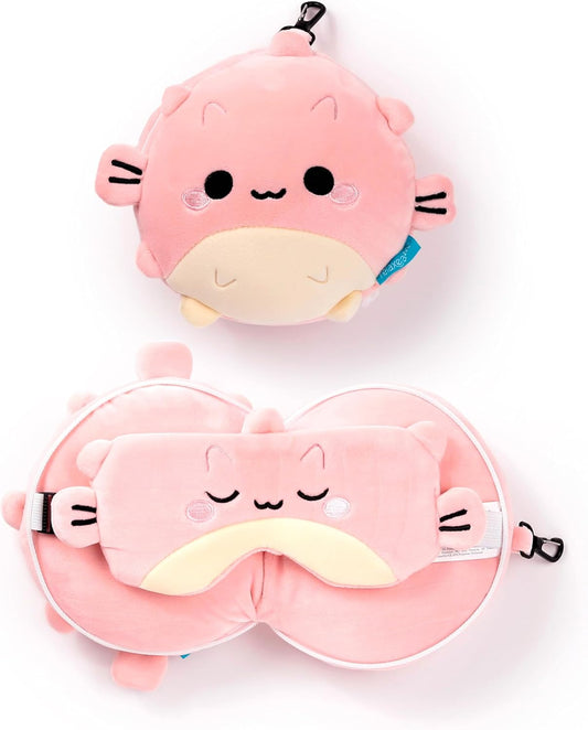 Puckator Relaxeazzz Adoramals Puff the Puffer Fish Plush Travel Pillow & Eye Mask - Plushie Sleeping Mask For Airplane - Flight Pillow For Kids Adults - Cute Sleeping Mask