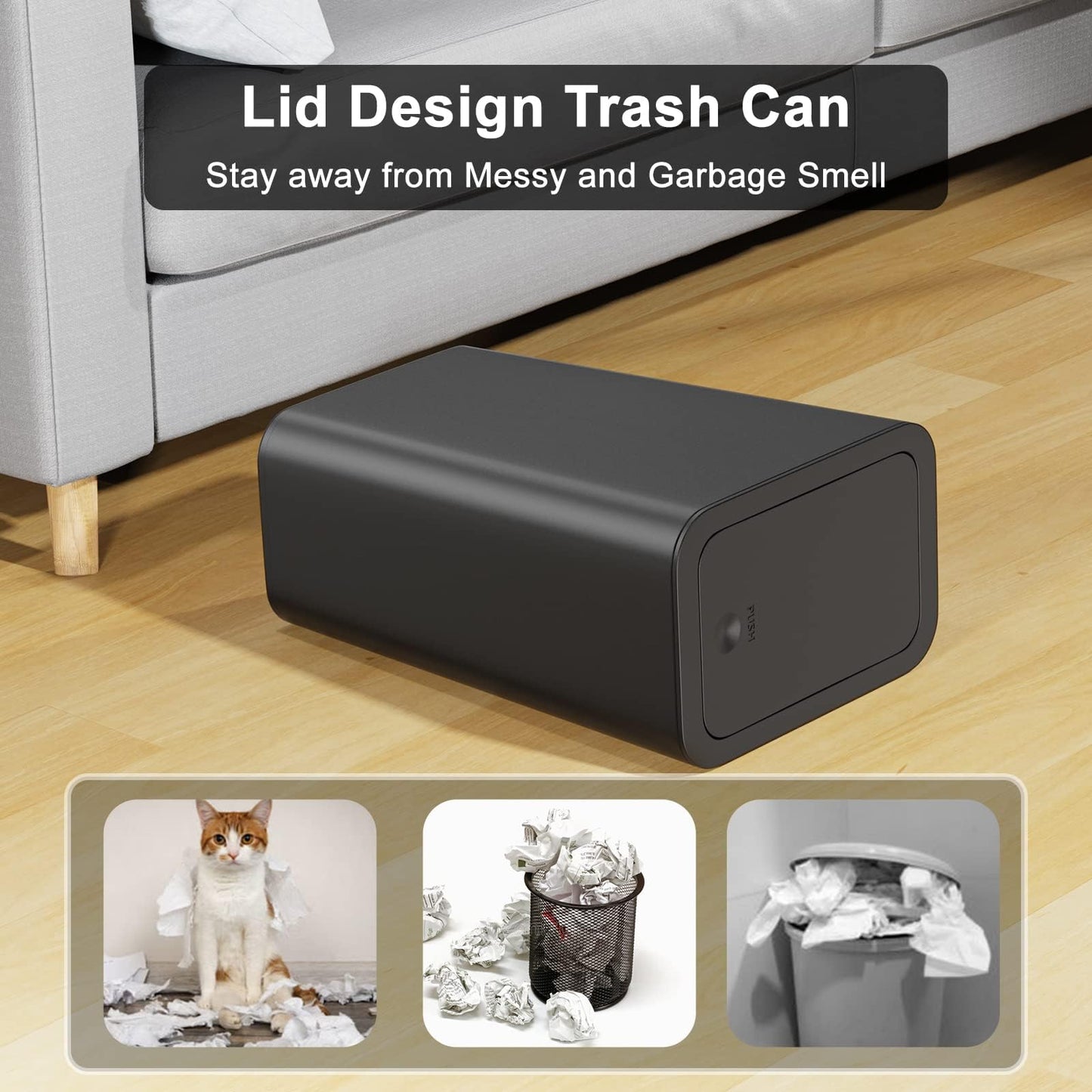 2Pack Bathroom Bin with Lid, Push Button Thin Toilet Bin, Plastic Dog Proof Slim Trash Can for Bedroom Office Living Room Kitchen, 10 Liter Capacity