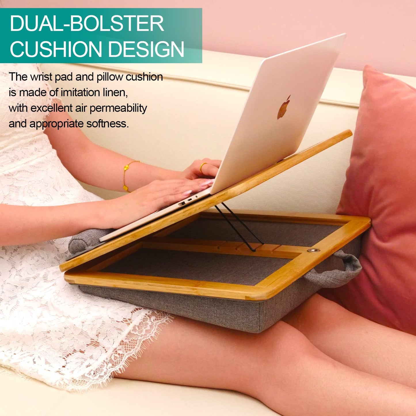 Lap desk,Bamboo Laptop Tray - Ergonomic Design with Cushion. Adjustable Tilt Angle and Height, with Tablet Phone Holder,for Comfortable Work Anywhere