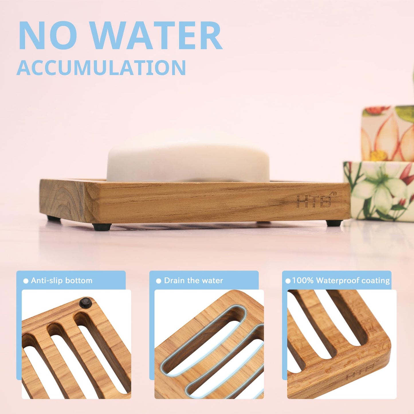HTB Teak Soap Dish 1PC, Self-Draining Soap Bar Holder for The Shower