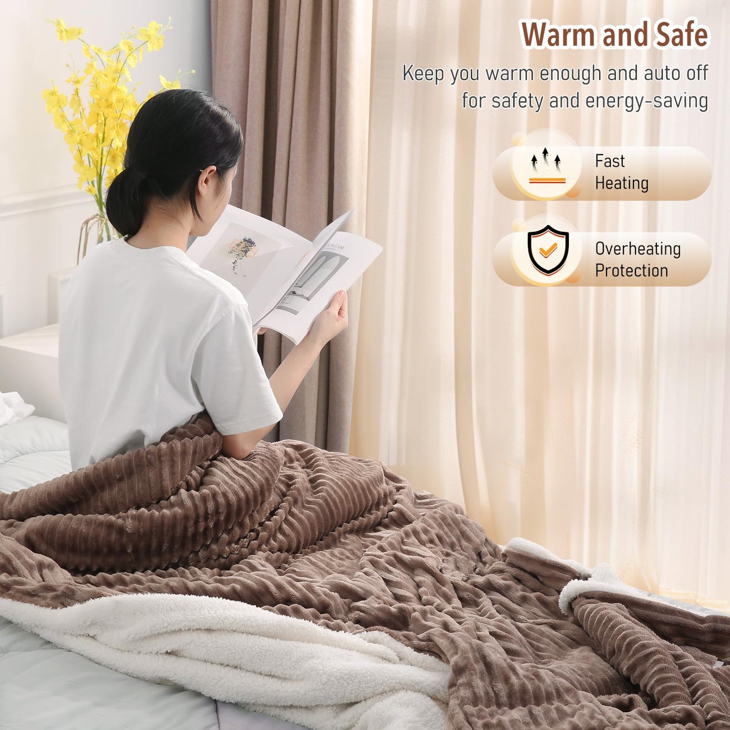 CURECURE Electric Heated Blanket Throw, Soft Ribbed Flannel and Sherpa Heated Blanket, 180 X 130cm, 6 Heat Settings & 1-10 Hours Automatic Timer, Home