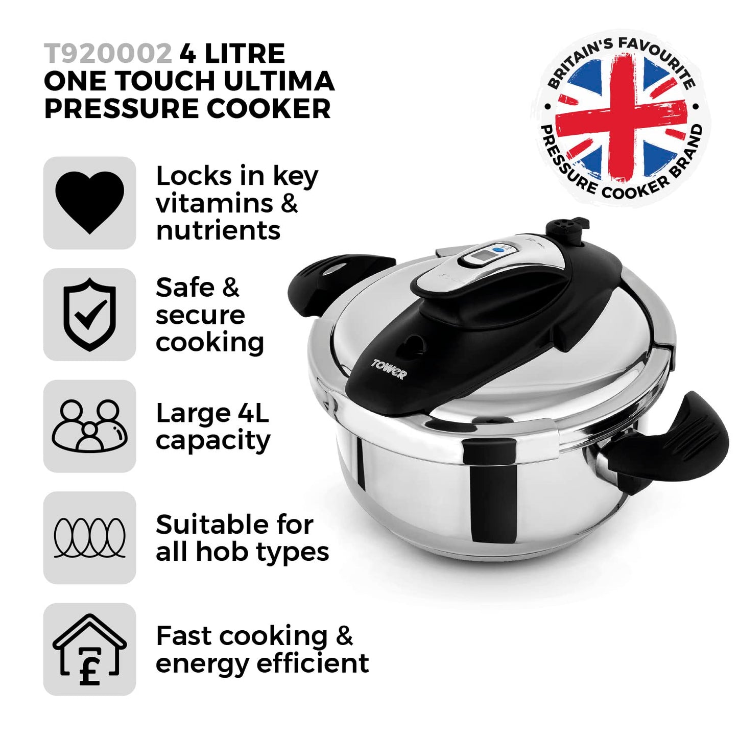 Tower T920002 One-Touch Ultima Pressure Cooker with Detachable 60-Minute Timer, 4L, Stainless Steel