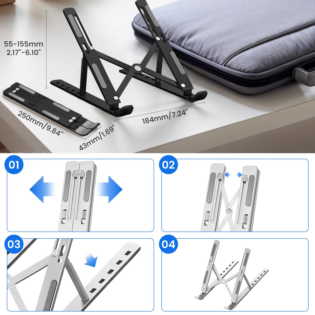 GrandMil Adjustable Laptop Stand for Desk – Foldable & Portable ABS+Silicone Desk Riser