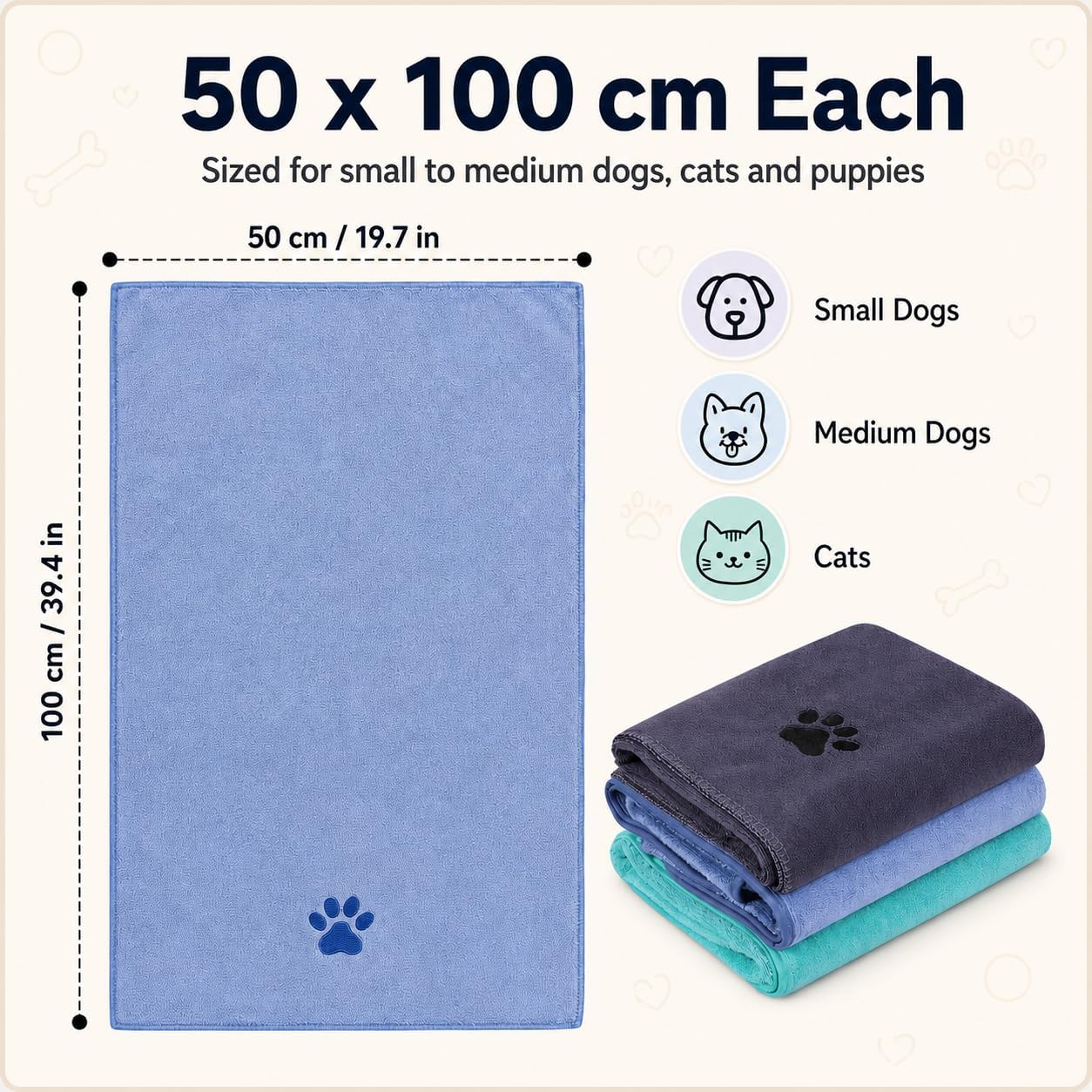 DASHUAIGE 3 Pack Dog Towels – 50x100cm Microfibre Pet Drying Towels, Soft Quick Dry Bath Towels for Dogs, Puppies & Cats – Ideal for Grooming, Travel