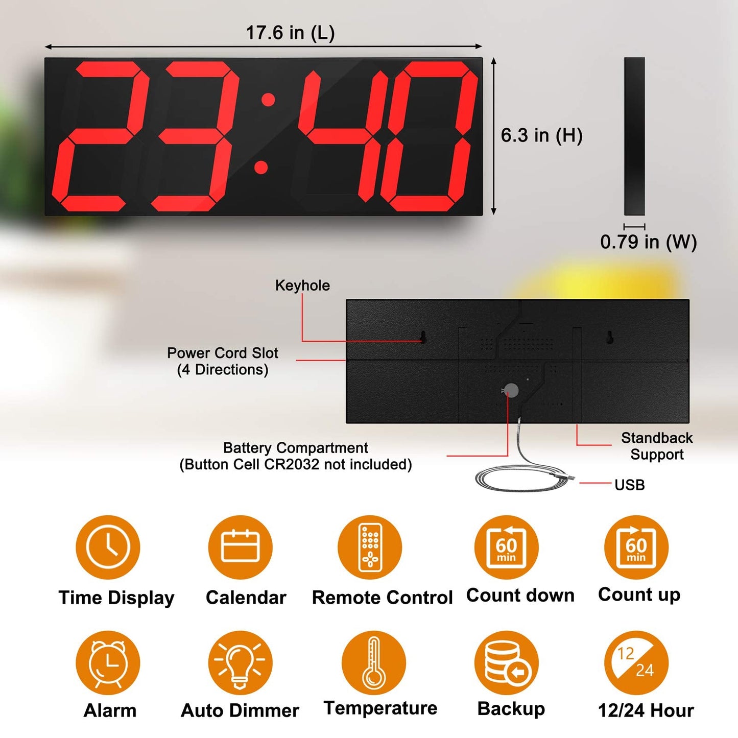 CHKOSDA Digital Wall Clock, Large Wall Clock with 6" Number, Led Wall Clock with Countdown Timer, Calendar, Thermometer, 12/24H, Adjustable