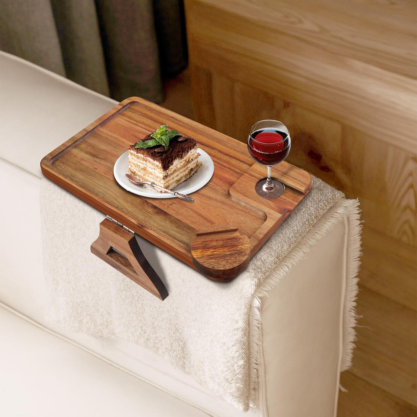 comfoyar Sofa Arm Tray, Foldable Acacia Wood Clip On Sofa Armrest Table
