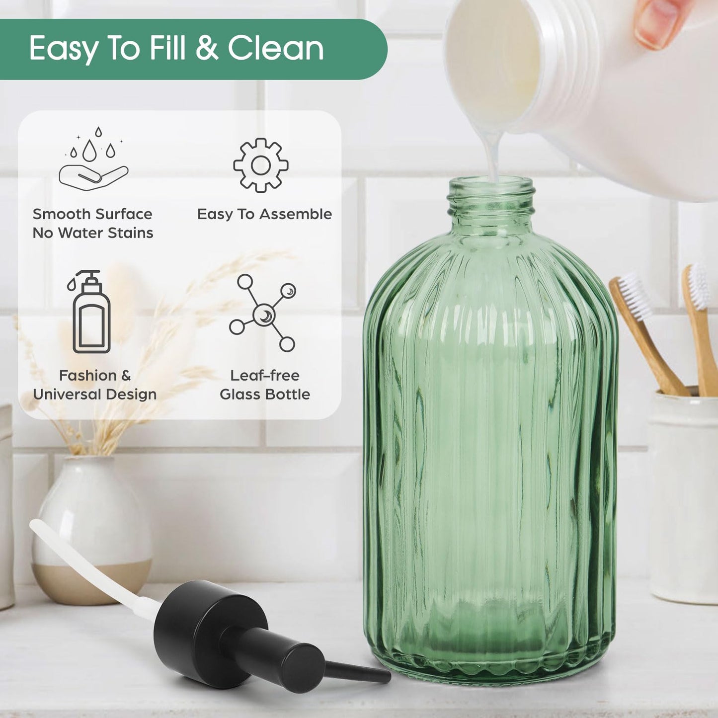 Topsky Glass Soap Dispenser with Black Plastic Pump, 400ml Army Green