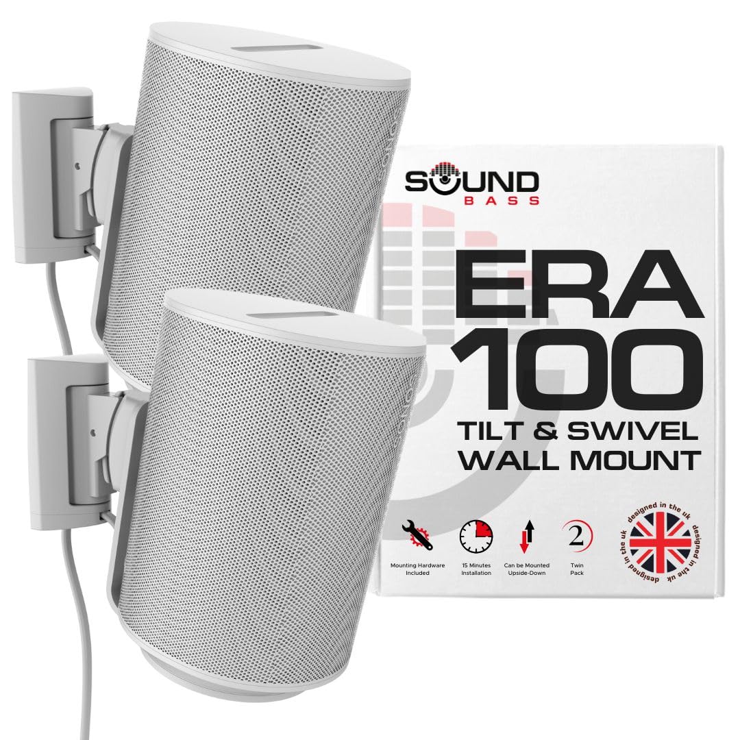 Sound bass ERA100 Wall Mount Bracket, Tilt and Swivel, White, Twin (2pcs), Compatible with Sonos ERA 100, Effortless Installation, Includes Mounting