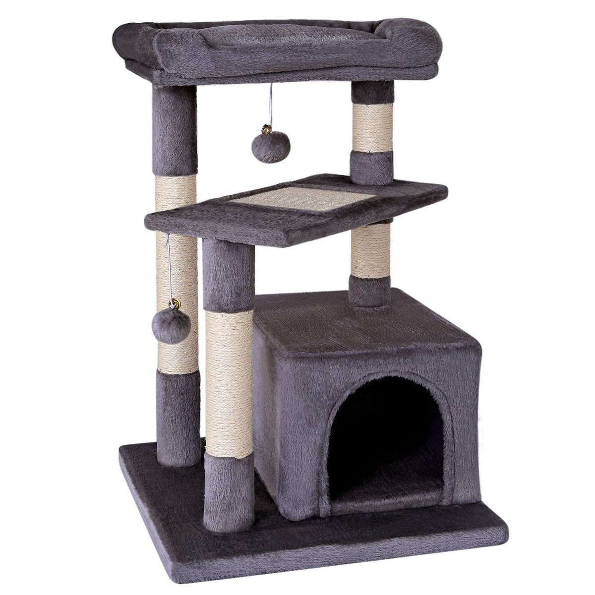 lionto Scratching tree for cats with cozy lying area & cave, height 75 cm, cat tree with sisal rope & soft plush, 2 plush balls incl. bells, suitable