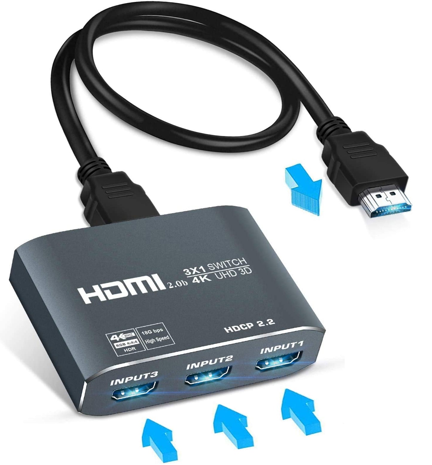 4K@60Hz HDMI Switch,?Updated Aluminum HDMI Switch 2.0b ?,3 in 1 Out HDMI Switcher Selector,Supports 4K 60HZ,HDCP 2.2, HDR 10, 18Gbps,3D,Game