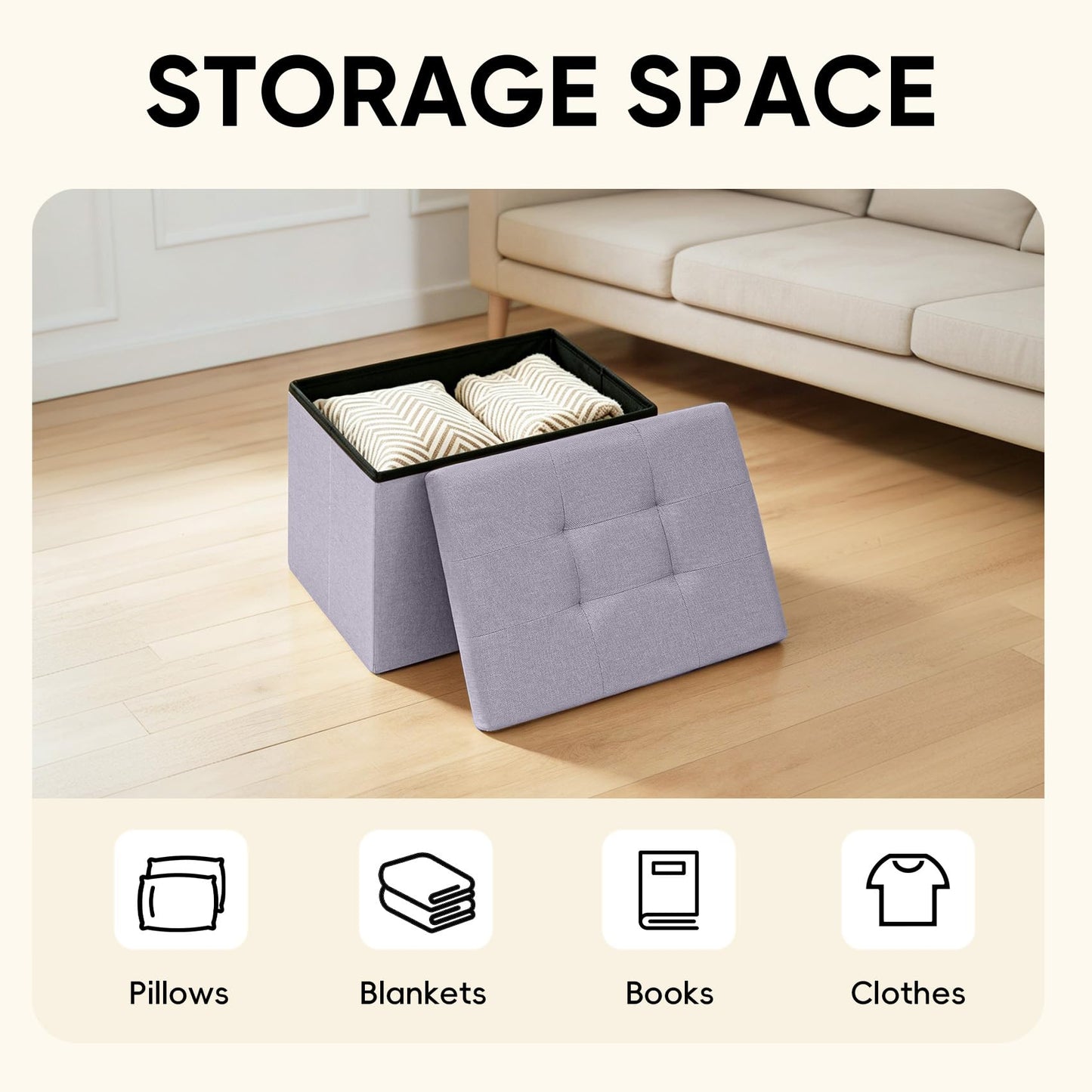 PINPLUS Linen Ottoman Storage Box with Lid, 42x32x32 cm, Light Purple