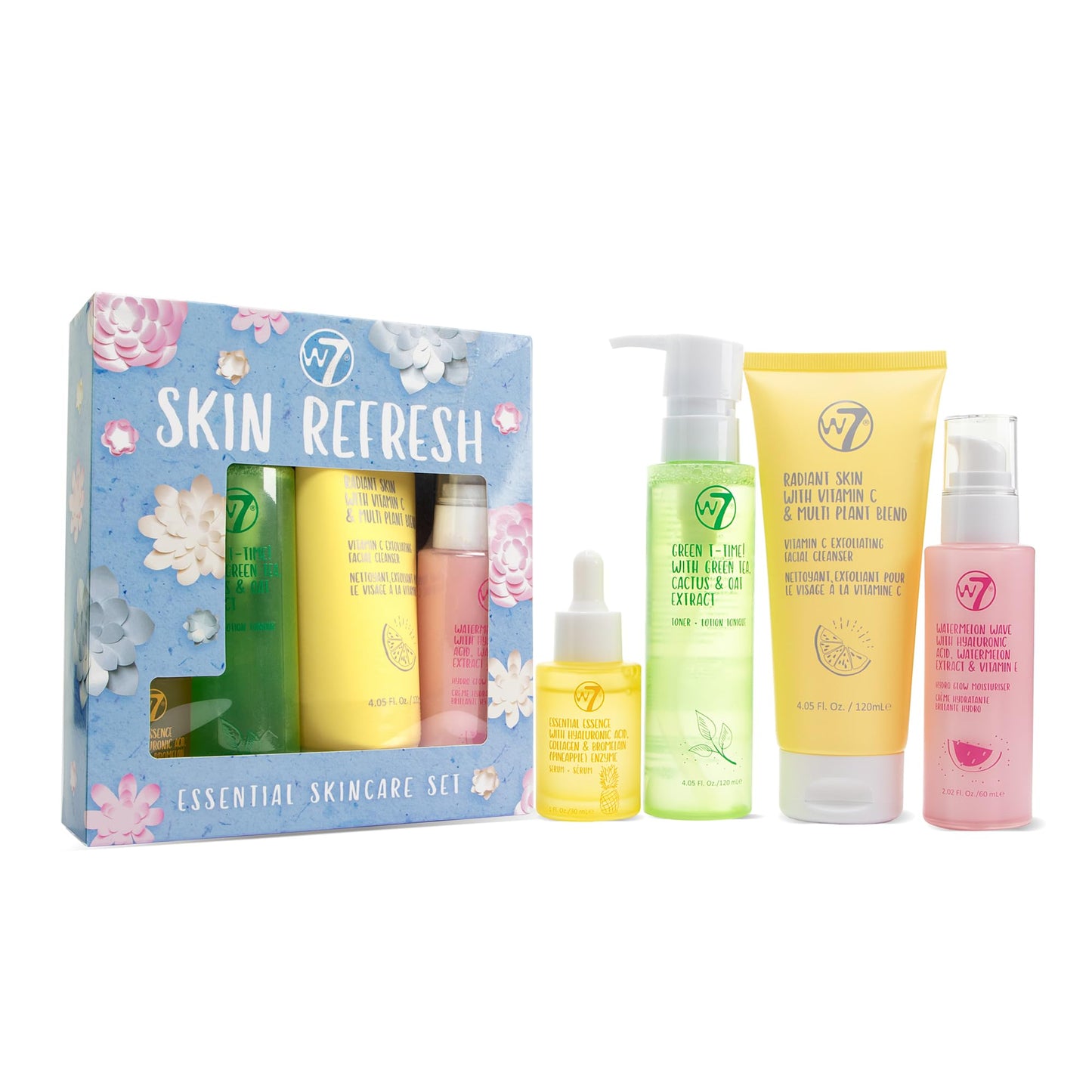 W7 Skin Refresh Skincare Set | Face Cleanser, Toner, Serum & Moisturiser | Hydrating & Glow Boosting Routine | Full Size, Long Lasting Products to Use