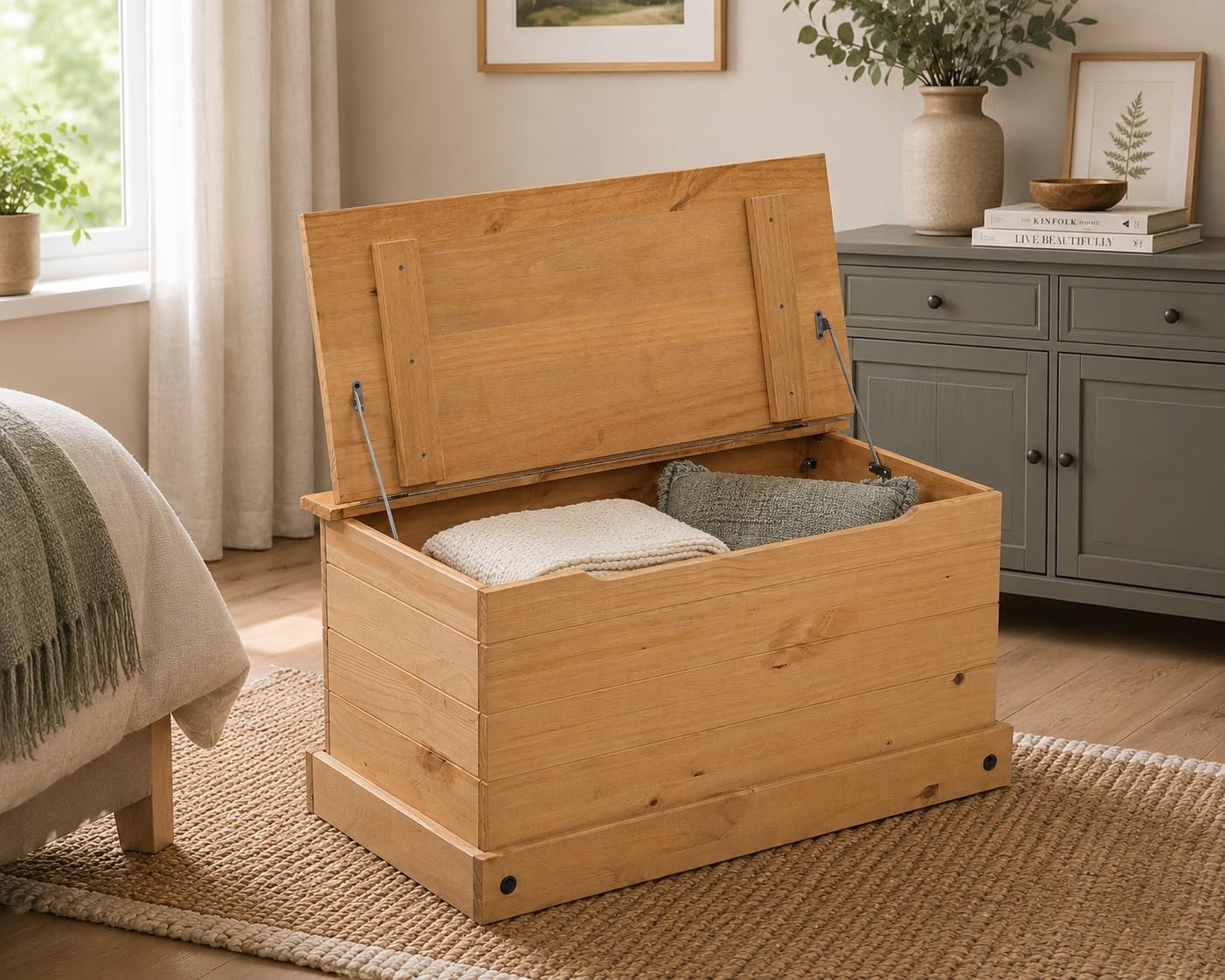 Mews Corona Storage Chest Ottoman Bedding Box Toy Chest Traditional Mexican Pine Solid Wood Storage Box with Hinged Lid and Safety Catch