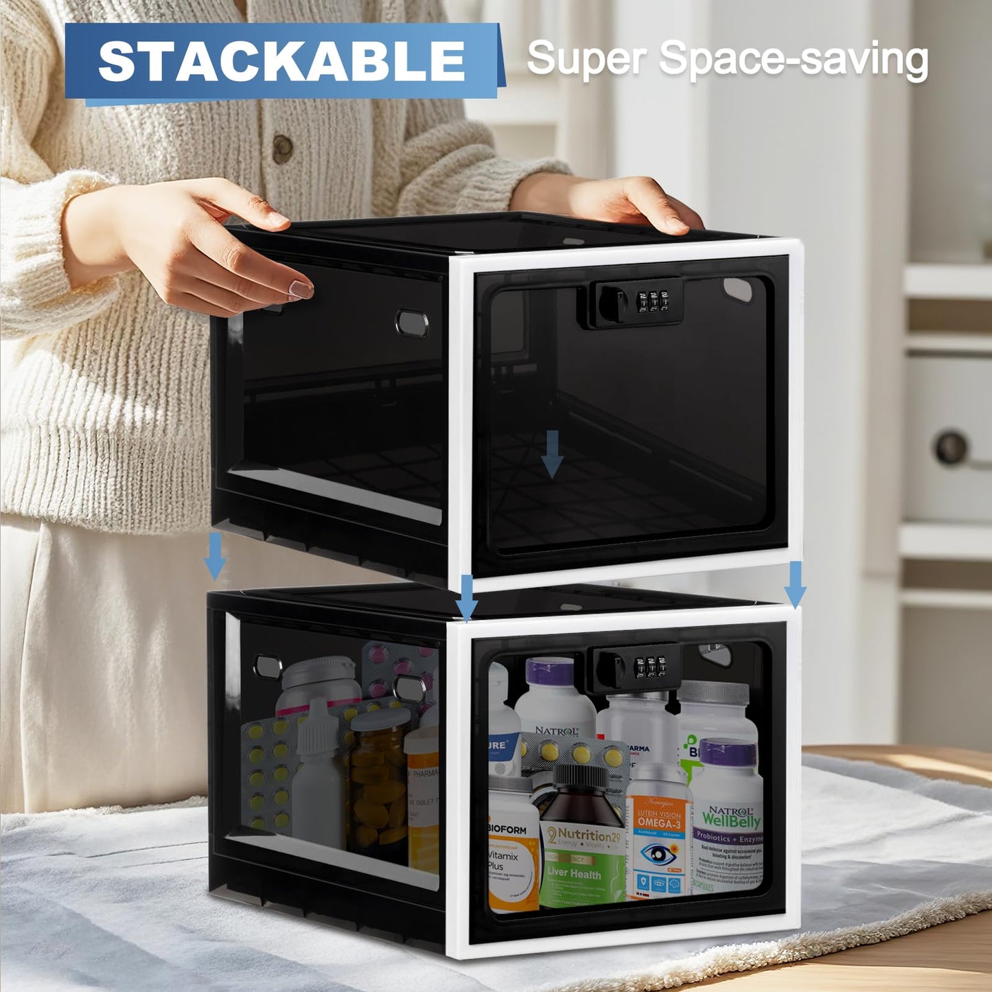 Gemaxvoled Lockable Medicine Box, Medicine Storage Box, Premium Material Lockable Storage Bin Organiser Box for Fridge Food/Snacks/Phone/Tablet