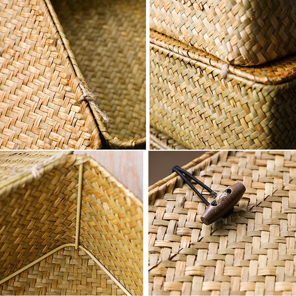 Rectangular Storage Basket with Lid for Shelf Handmade Seagrass Rattan Woven Makeup Organizer Multipurpose Container Box 3Pcs