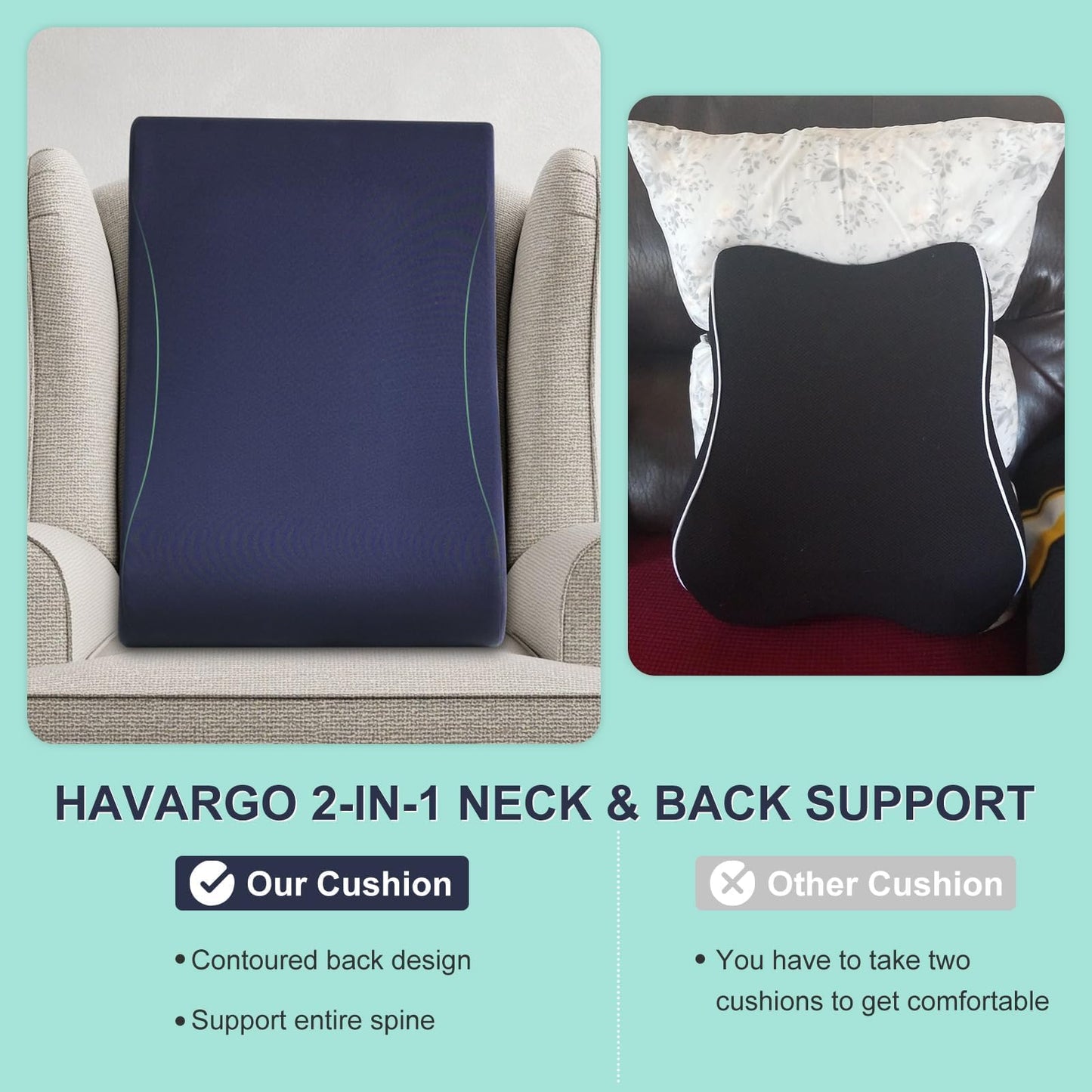 HAVARGO 2-in-1 Neck Pillow Lumbar Support Pillow for Recliner Couch - High-Density Foam Cushion Ergonomic Back Support for High-Back Rocking Chairs