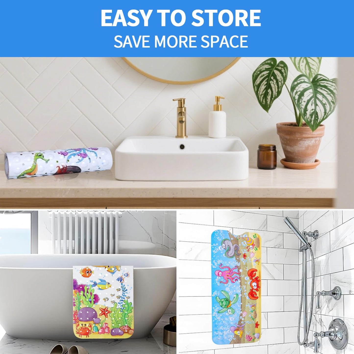 Baby Bath Mats Non Slip Anti Mould, 100x40cm Bathtub Mat with Suction Cups & Drain Holes Extra Long Cartoon Kids Bath Seat Mat Machine Washable
