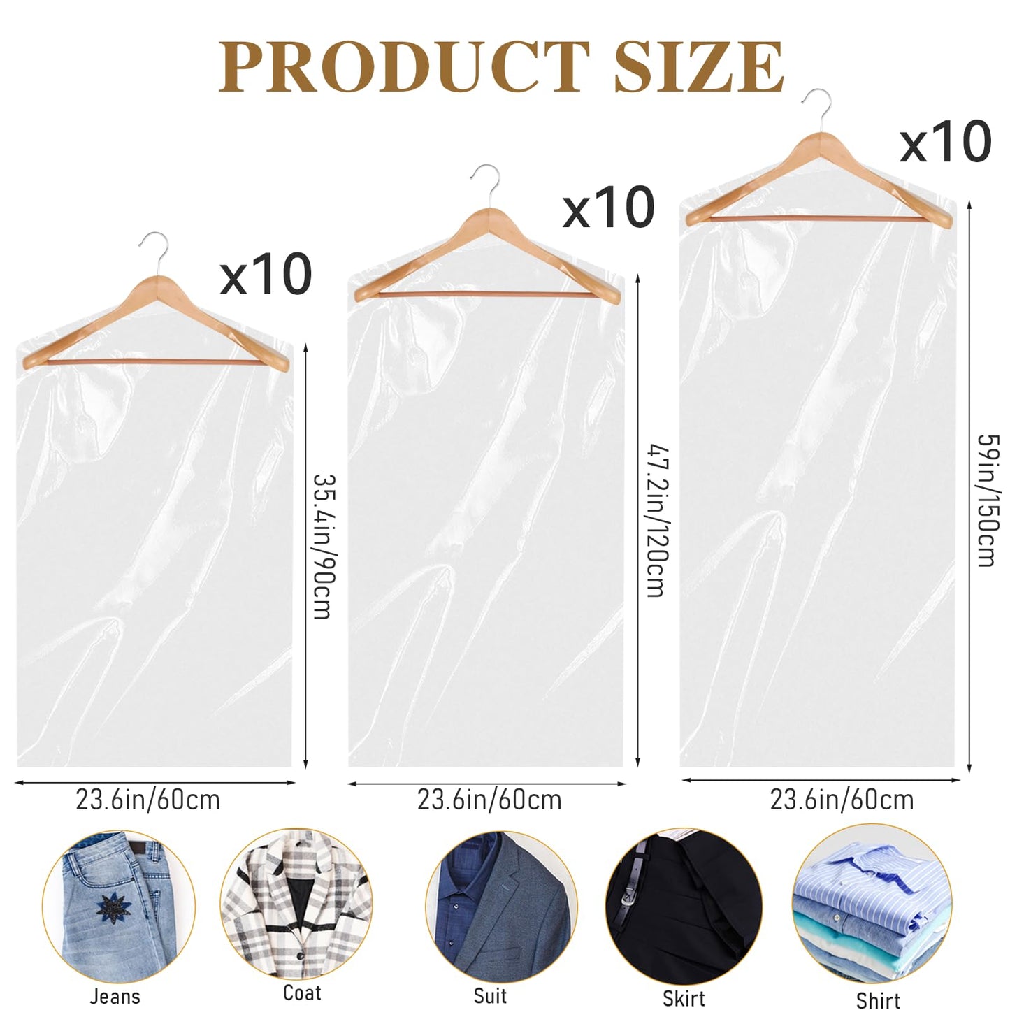 30 Pack Plastic Dry Cleaning Bags Clear Garment Bags for Hanging Clothes 3 Sizes Clothes Covers Dust-proof Clothing Protector Covers for Coat Shirt