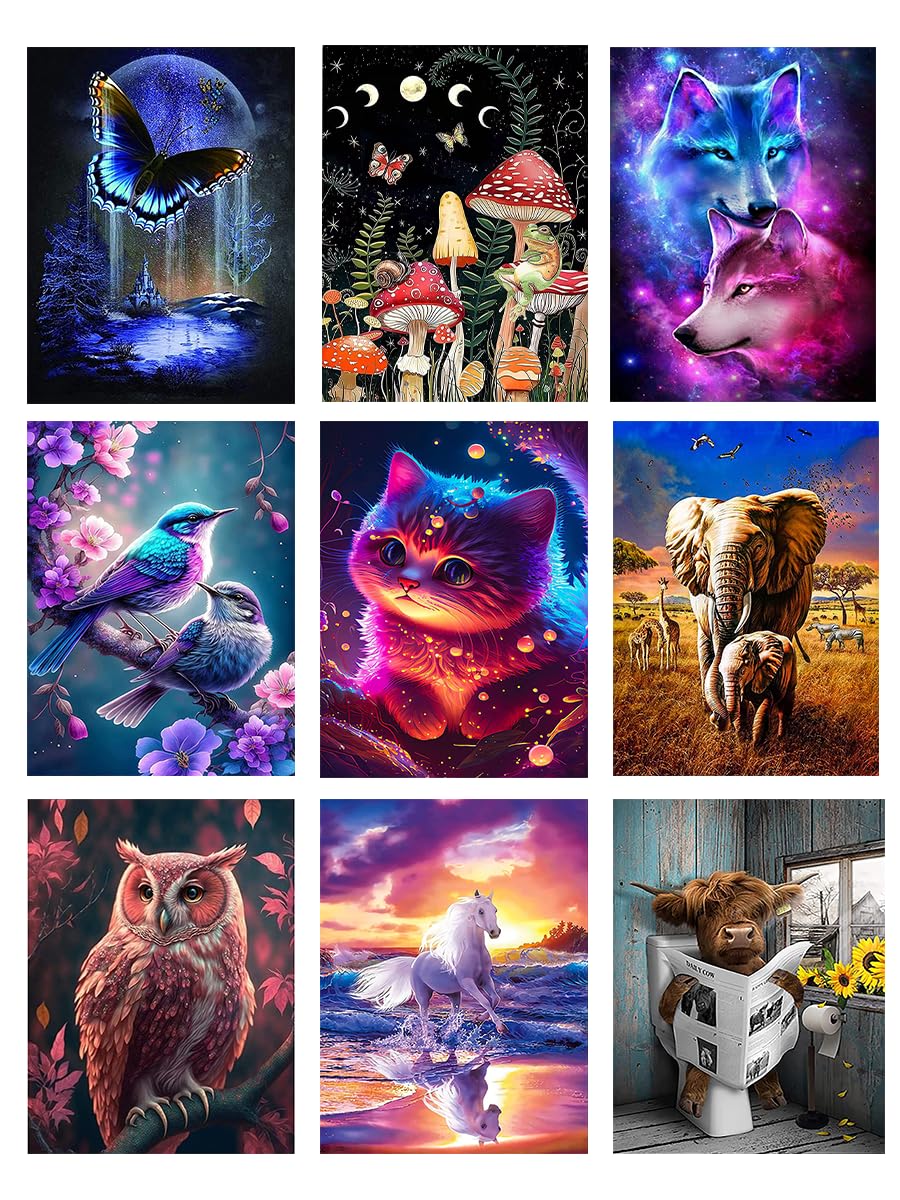 BEAYIOU 9 Pack 5D Diamond Painting Kits for Adults,Animal Diamond Painting Kits, Colourful Rhinestone Diamond Arts Kits for Beginners, Perfect Home