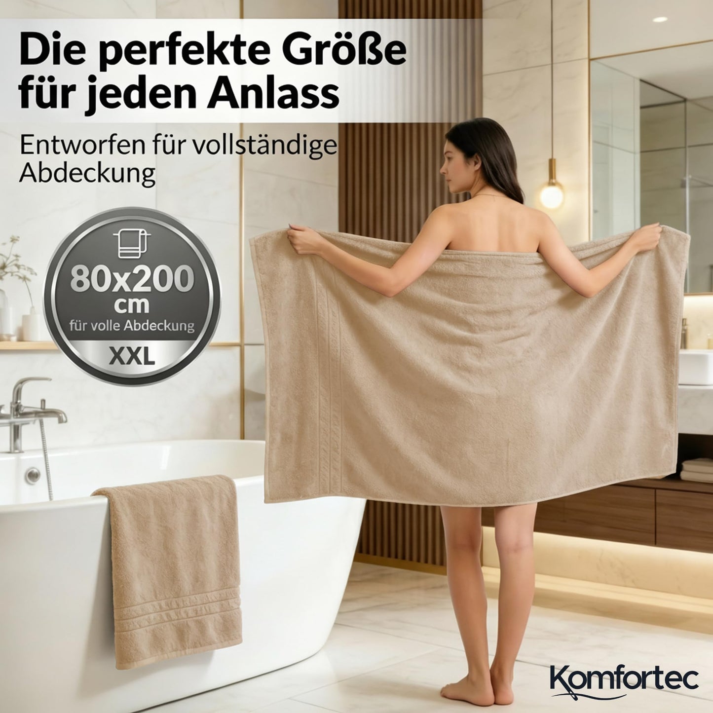 Komfortec Jumbo Bath Towels, 100% Cotton, Quick Dry, 80x200,Beige