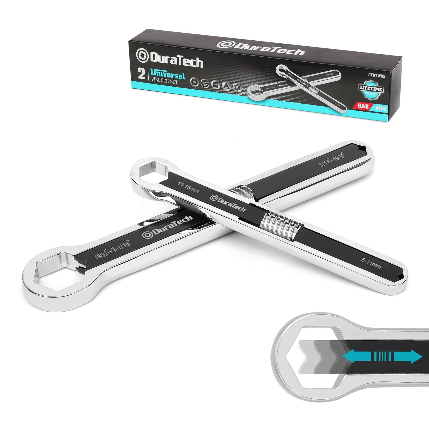 DURATECH Universal Combination Spanner Set, Adjustable Wrench Set, 2 Piece Multifunctional Wrench Set, Total Ring Spanner Set, 44 in 2, Metric and SAE