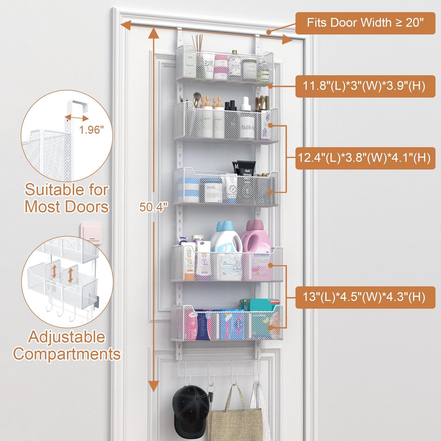 VyGrow Over The Door Storage, Metal Door Organiser Hanging with 5 Adjustable Baskets and Coat Hook