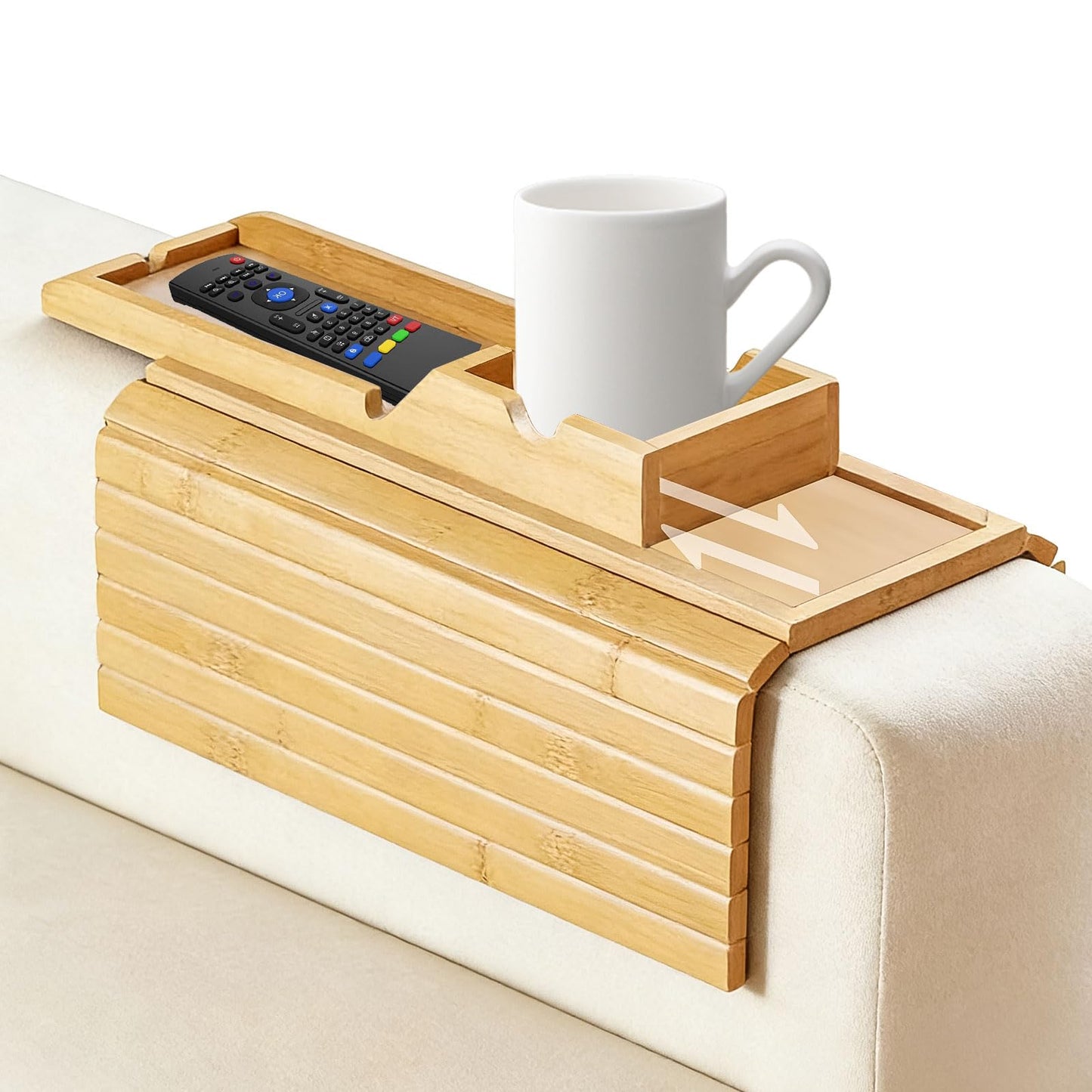 Sofa Arm Tray Natural Wooden, 2-in-1 Foldable Arm Chair Table with Detachable Tray, Anti-Slip Sofa Armrest Organizer for Recliners, Sectionals