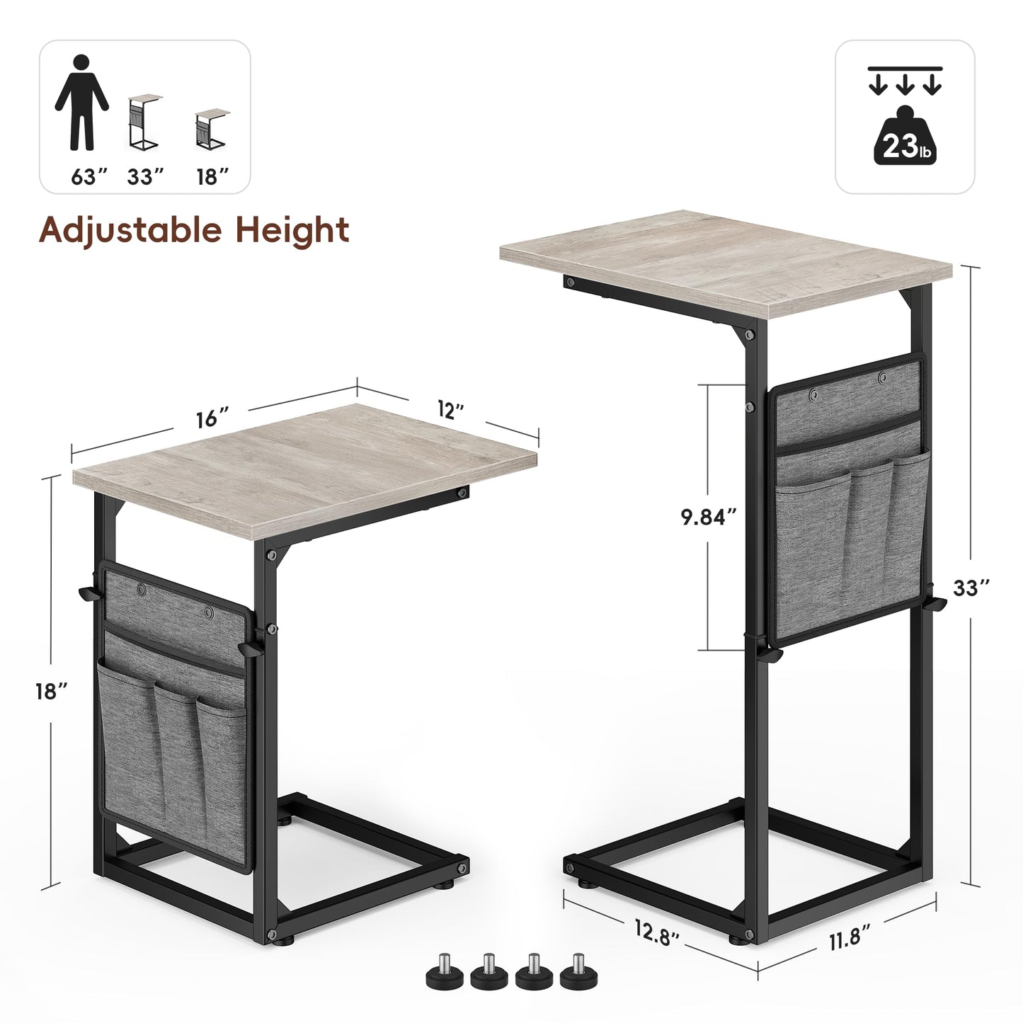 Vagusicc C-Shaped Side Table, Height Adjustable Sofa Side Table, Bedside Table with Cloth Storage Bag, C Tables End Table for Small Spaces