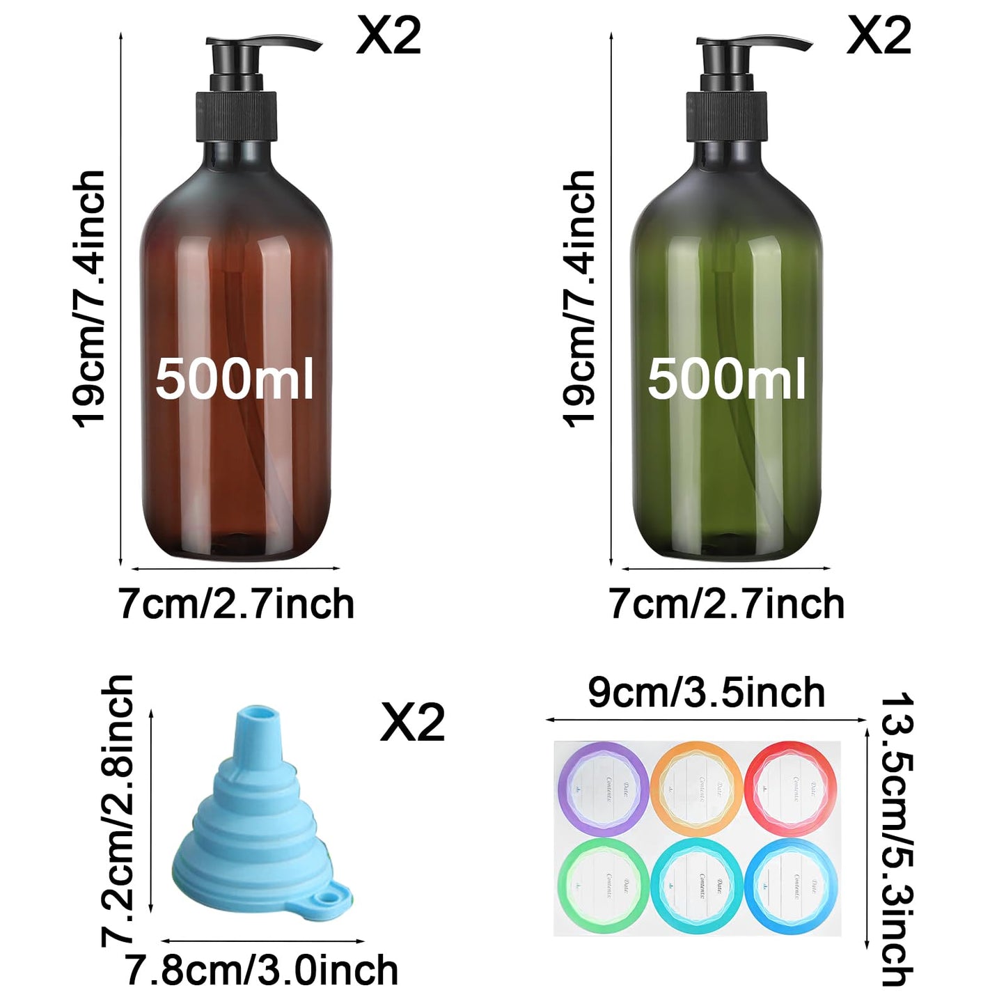 GAOHAN 4 Pack Pump Bottle Dispenser 500ml Refillable Bottle(2Green+2Brown)