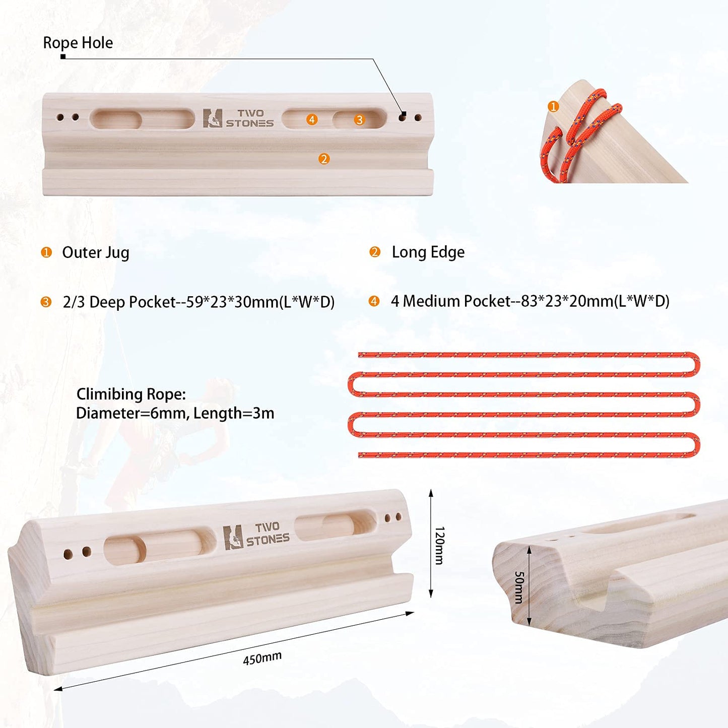TWO STONES Portable Fingerboard as Rock Climbing Training Boards with Edges and Pockets, Portable Climbing Hangboard as Rock Climbing Finger