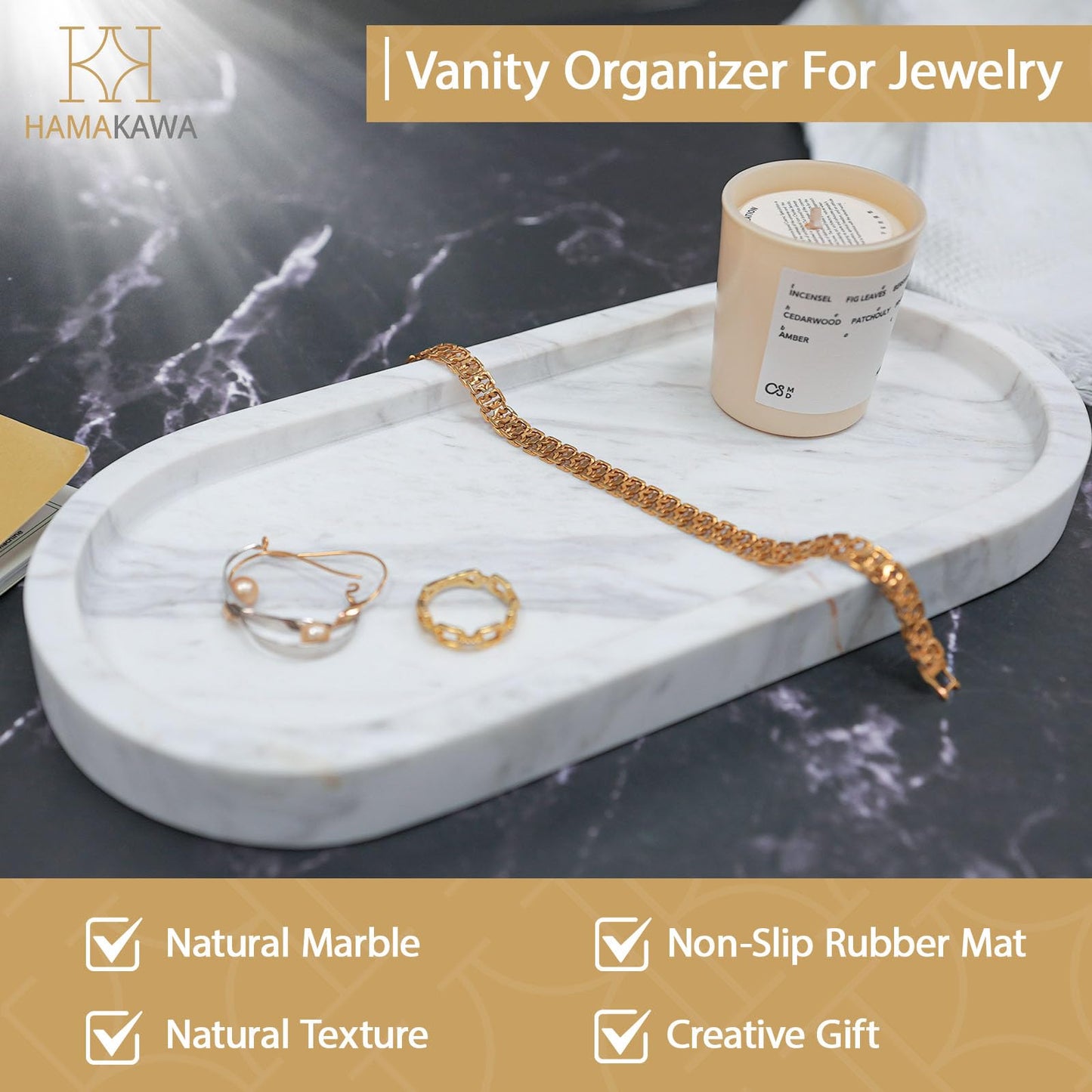 HAMAKAWA Oval Bathroom Vanity Tray, Large Natural Marble Tray 25cm / 10 inch, Volakas White Stone Soap Trays, Modern Perfume Trays