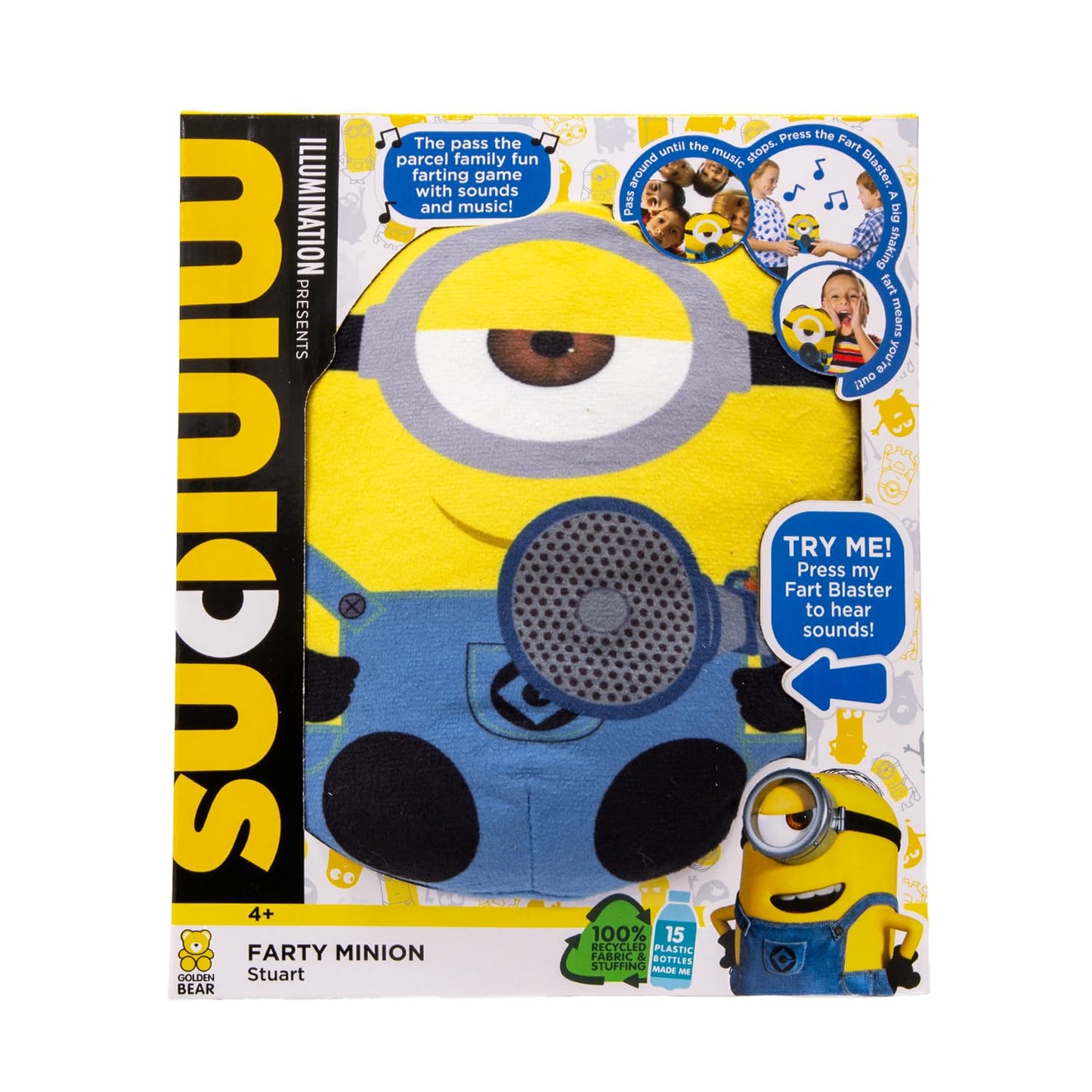 Minions toys, teddy Stu holding fart blaster gun, this is a pass the parcel game that farts & vibrates when the music stops, Stu from Perfect parties
