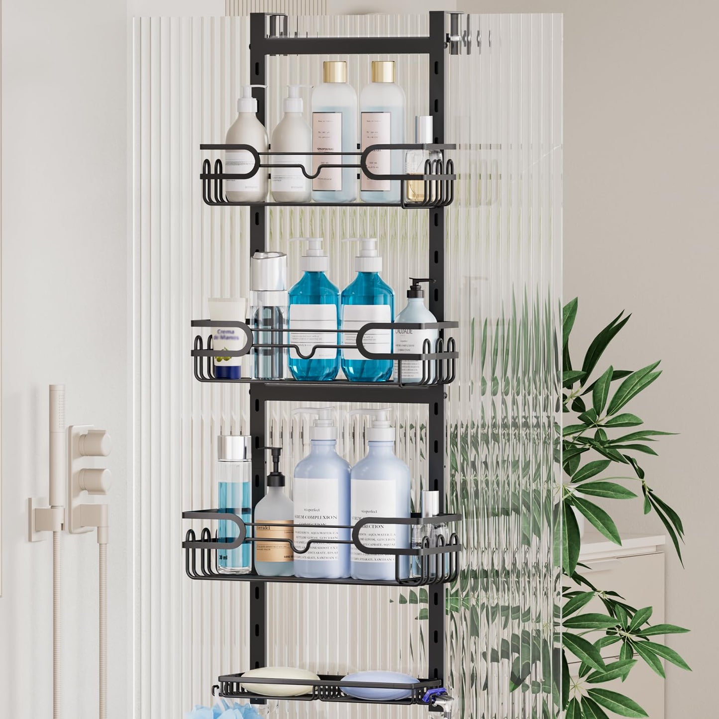 HapiRm Shower Caddy Hanging Black - 4 Tier Over Door Shower Caddy with 2 Soap Holders, Adjustable Bathroom Shelf with 22 Hooks, Rustproof Easy