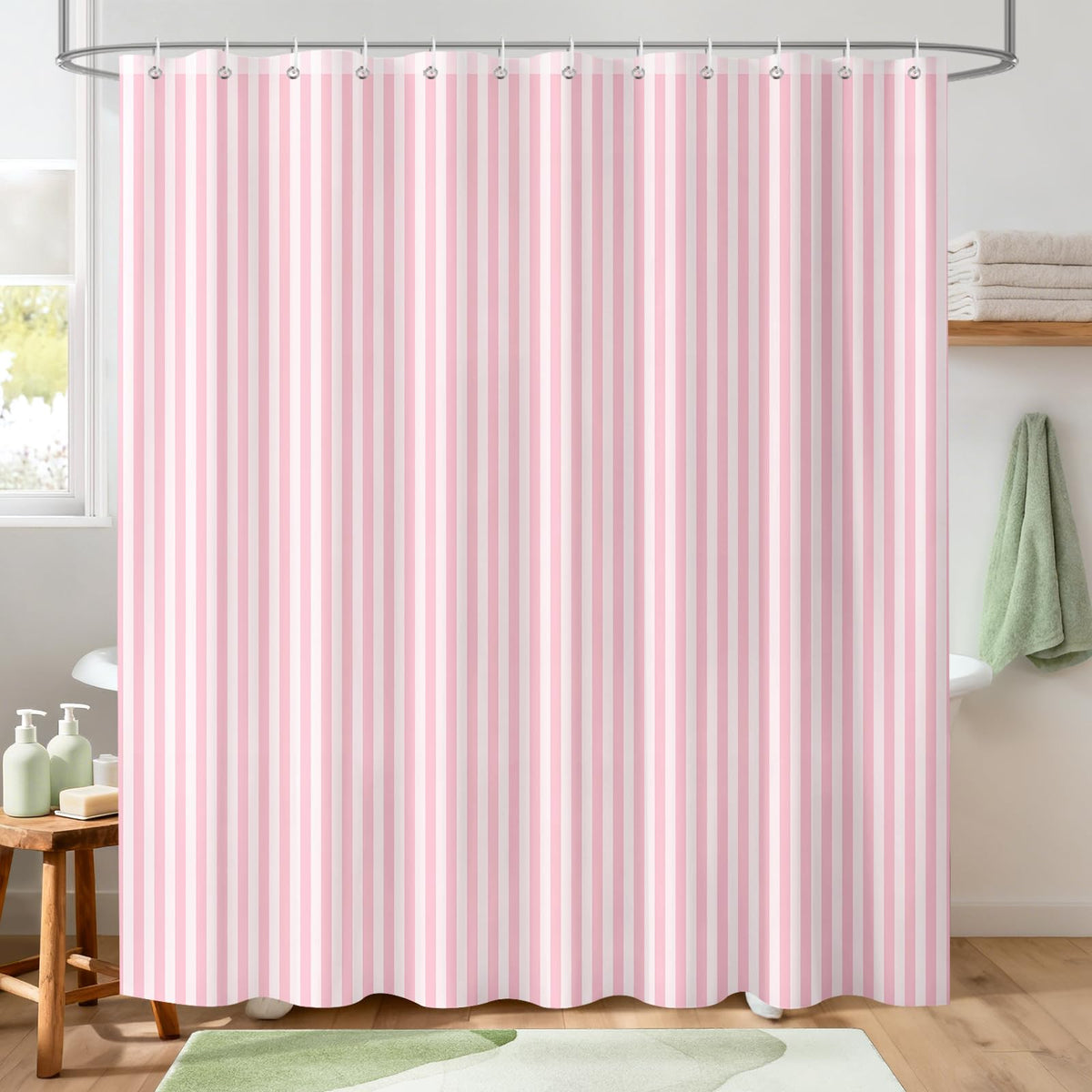 Hopomoon Pink and White Striped Shower Curtain,Vintage Pink Vertical Striped Geometric Waterproof Polyester Fabric Bath Curtain with 12 Hooks 72 x 72