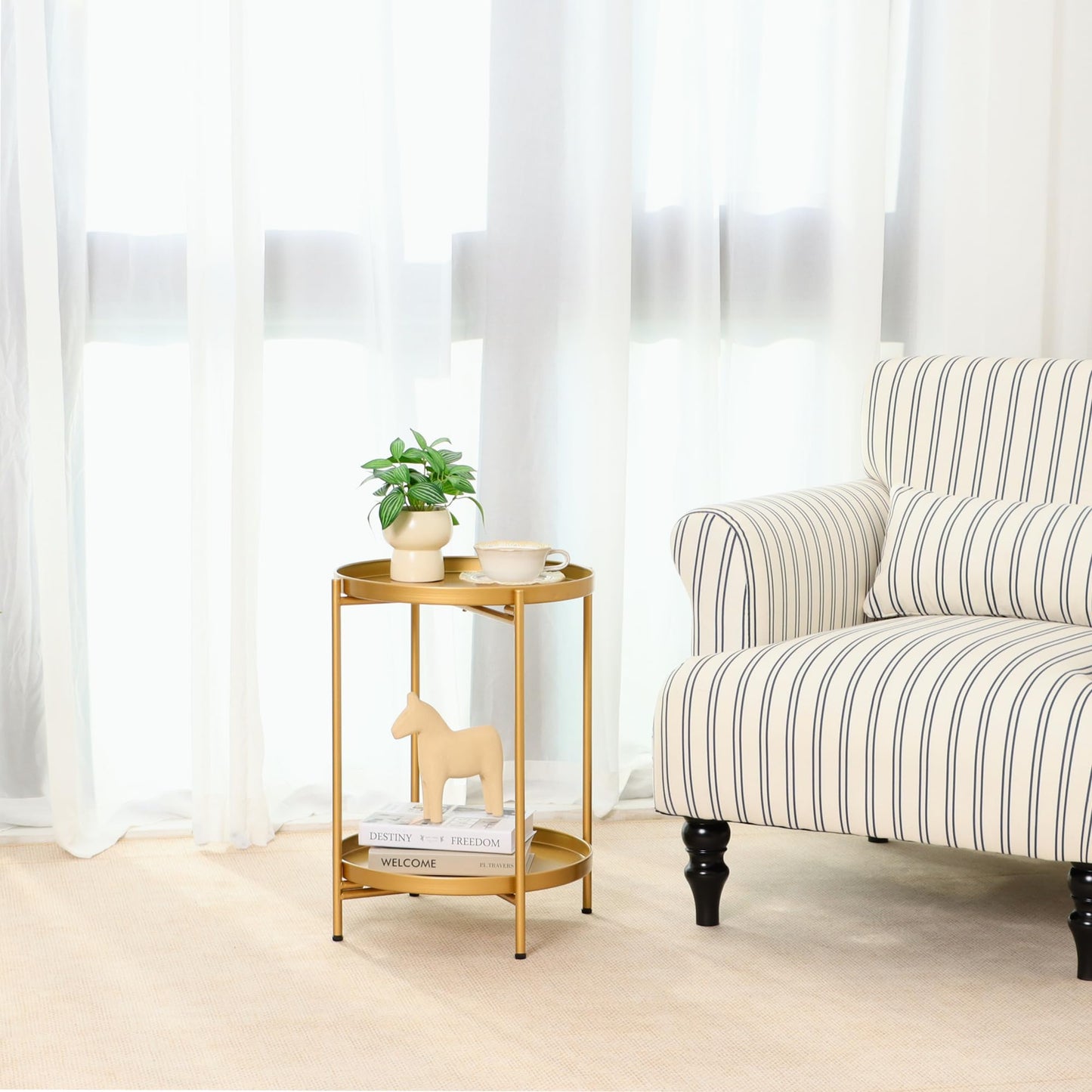 Mordchil EU 2-Tier Round End Side Table, Small Metal Side Table with Removable Tray, Folding Accent Tables for Living Room, Balcony