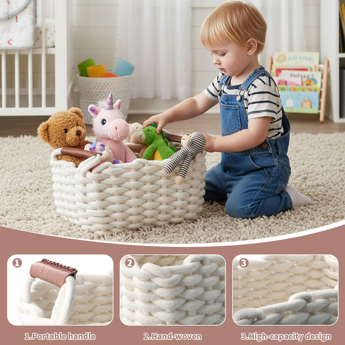 Elegant Braided Storage Basket Set of 2 – Washable and Foldable Cotton Rope Organiser Baskets with Leather Handles for Accessories, Cosmetics