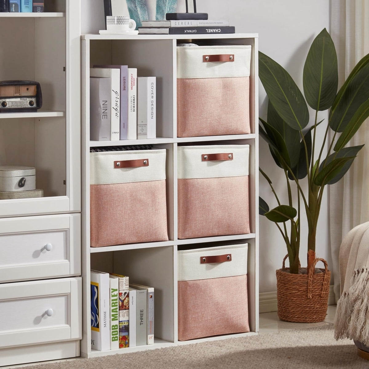 Mangata Collapsible Storage Cube Boxes, 28CM Cube Linen Woven Fabric Storage Baskets with Leather Handles 3PCS(Pink and White)