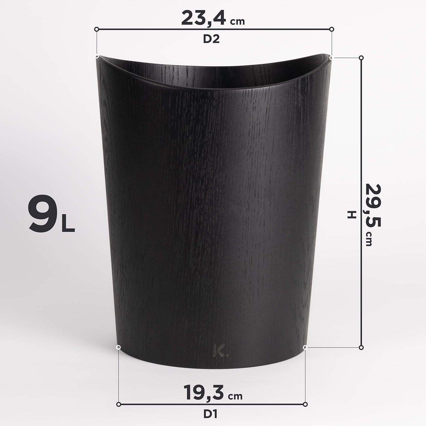 Kazai. Real Wood Waste Paper Bin Brje | Wooden Paper Basket for Office, Kids' Room, Bedroom and more | 9 liters | Oak black