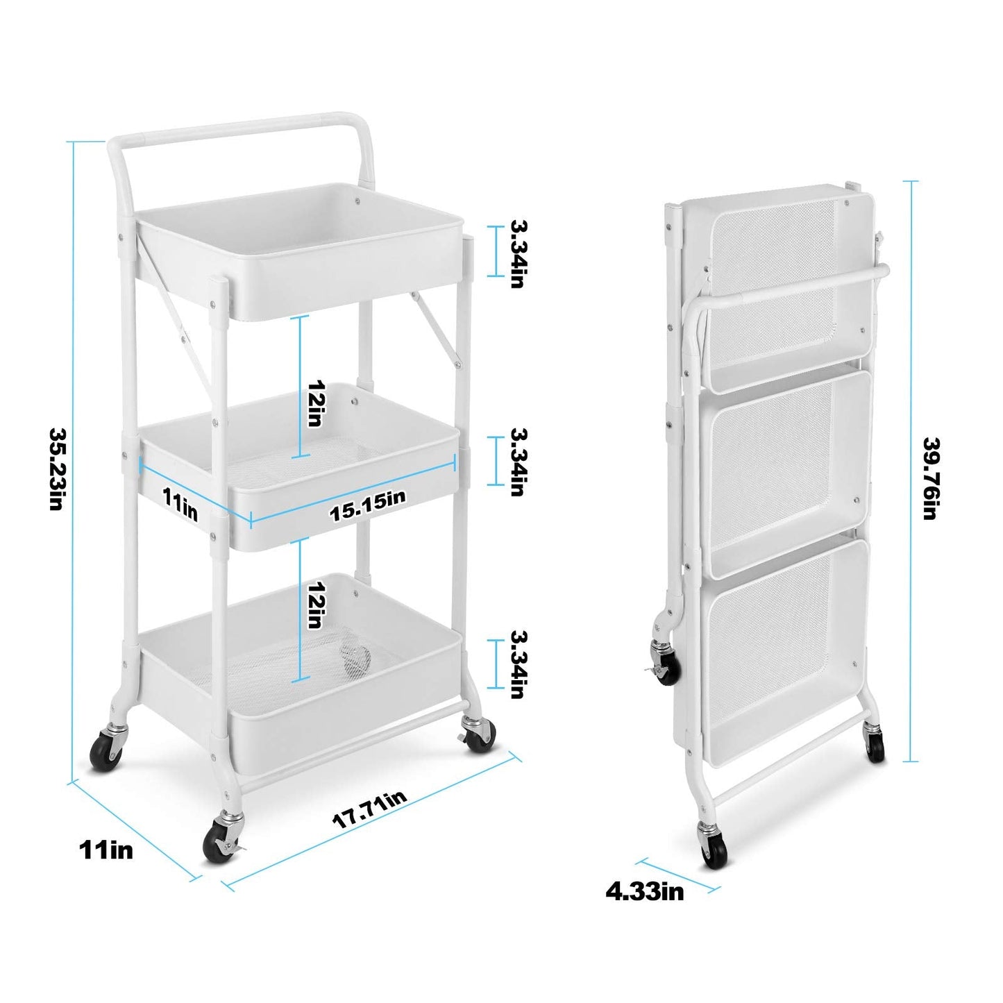 johgee Foldable 3 Tier Metal Utility Rolling Cart, Folding Mobile Multi-Function Storage Trolley Organizer Cart for Home Library