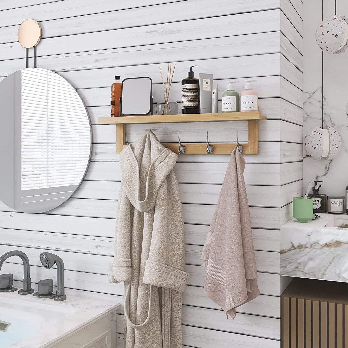 SMIBUY Coat Hooks with Shelf Wall-Mounted, 74 cm Entryway Coat Rack for Wall, Bamboo Hanging Shelf with 5 Double Metal Hooks for Bathroom, Bedroom