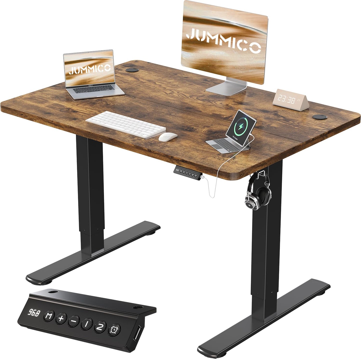 JUMMICO 100x60cm Electric Standing Desk with USB Charging Height Adjustable Desk with Sedentary Reminder Stand Up Desk with Splice Board for Home