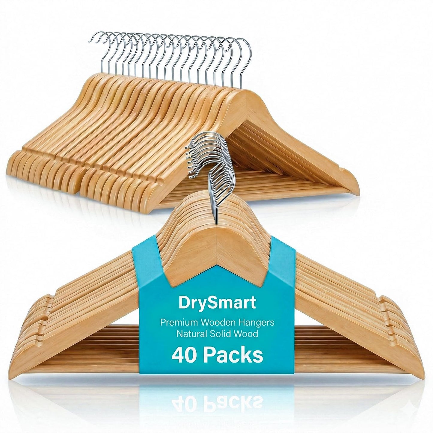 DrySmart 40 Pack Wooden Coat Hangers with 360° Swivel Hook, Round Trouser Bar & Shoulder Notches – Durable Space-Saving Closet Hangers for Men & Women