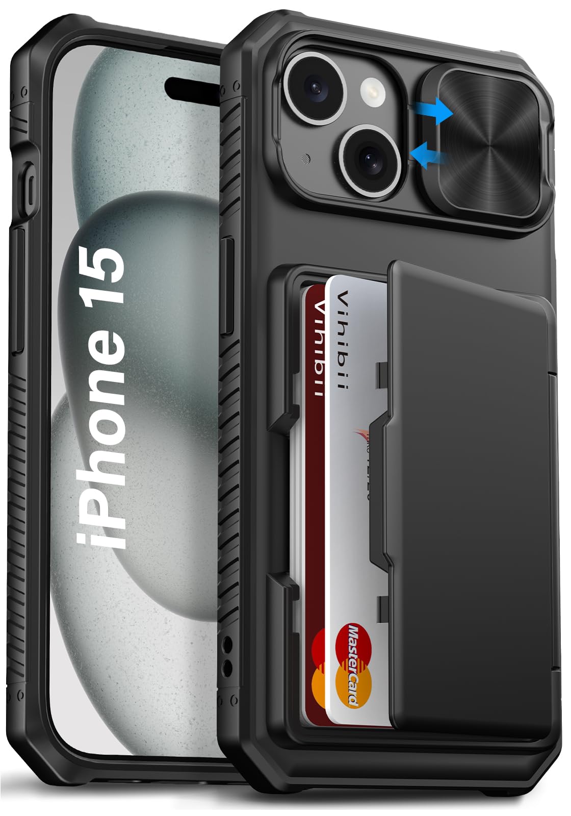 Vihibii for iPhone 15/iPhone 14/iPhone 13 Case with Card Holder (4 Cards) [RFID Blocking] & Slide Camera Cover, Military Grade Drop Protection, Rugged