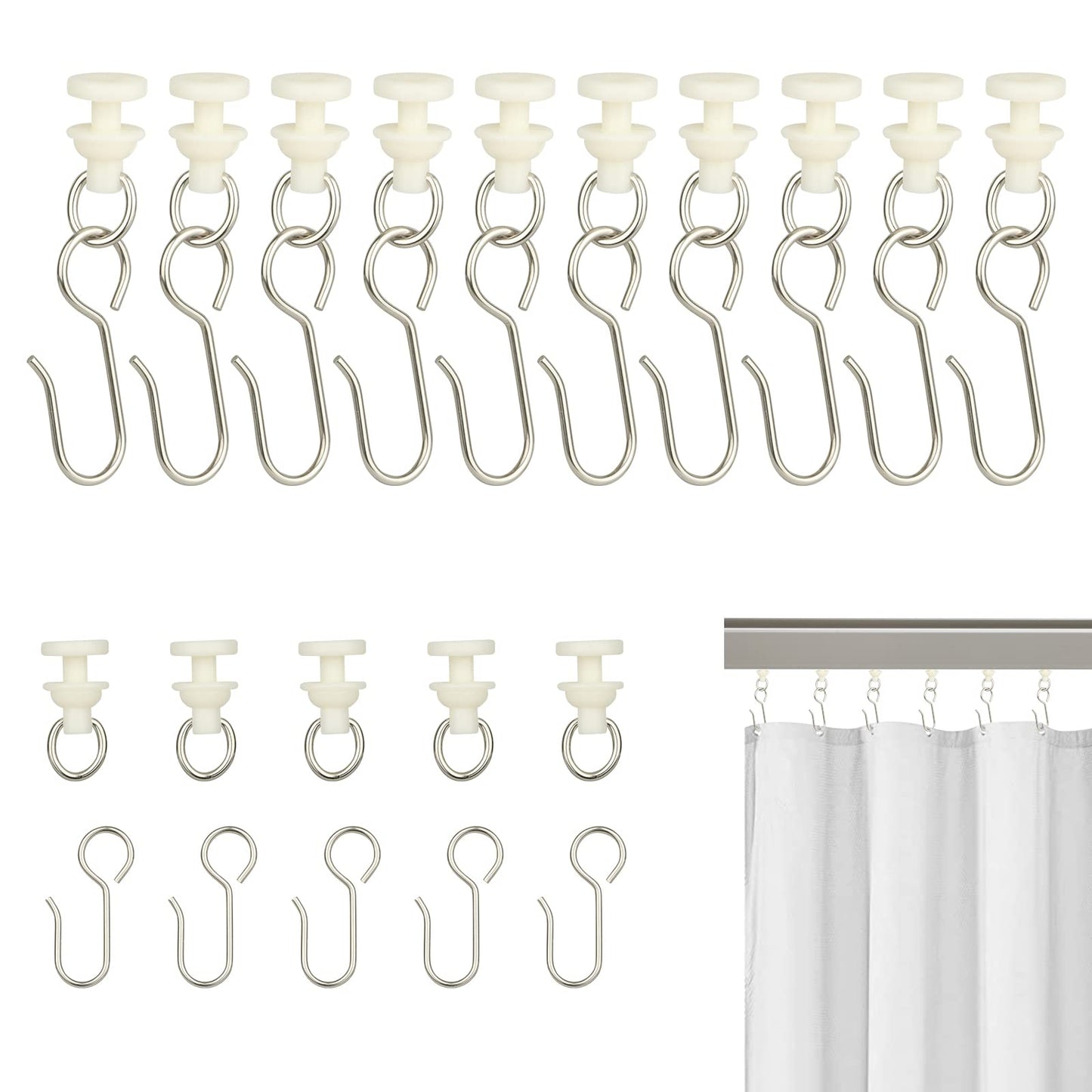 80Pcs Curtain Hooks and Gliders Set,40 Shower Curtain Hooks&40 Rail Gliders